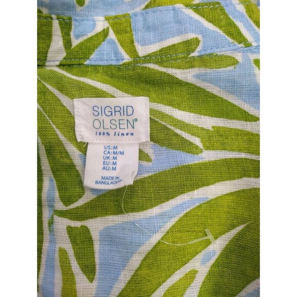 Sigrid Olsen 100% Linen Button-Down Shirt With Green & Blue Leaf Print, Womens M - Picture 3 of 8